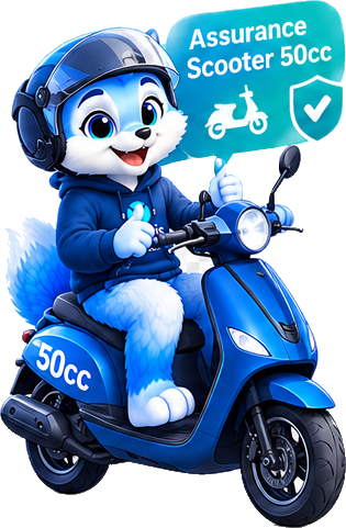 Lysi, la mascotte, au guidon d'un scooter 50cc assuré