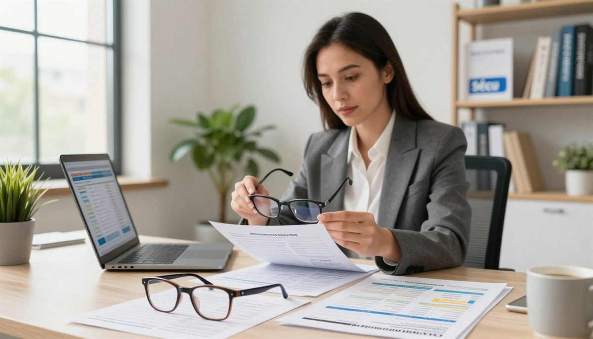 Personne comparant des devis de mutuelle avec des lunettes, remboursement optique